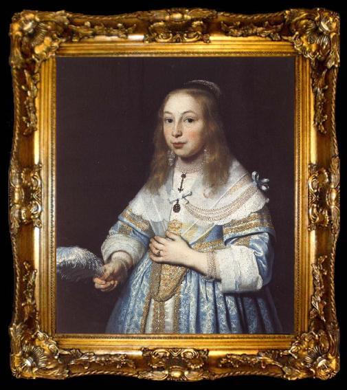 framed  Bartholomeus van der Helst Portrait of a Girl in Pale Blue with an Ostrich Feather Fan, ta009-2